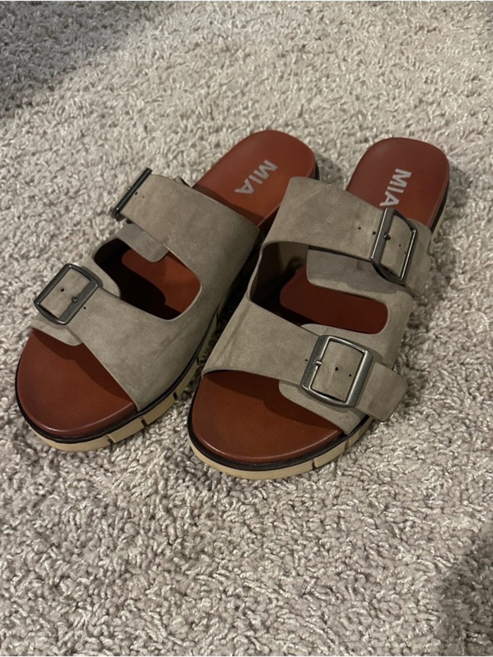 MIA Two-Buckle Slide Sandals in Taupe and Rust